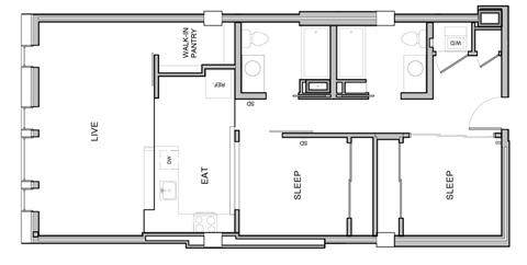 A floor plan of a house with a living room, dining room, kitchen, two bathrooms, and two bedrooms.